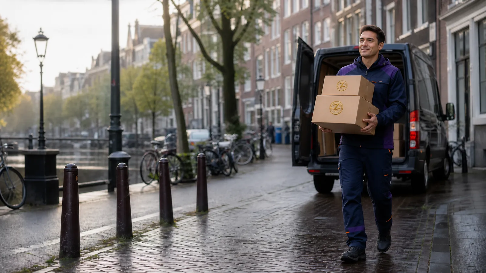 Koerier van Zentro draagt twee pakketten langs een Amsterdamse gracht, met de bezorgbus op de achtergrond