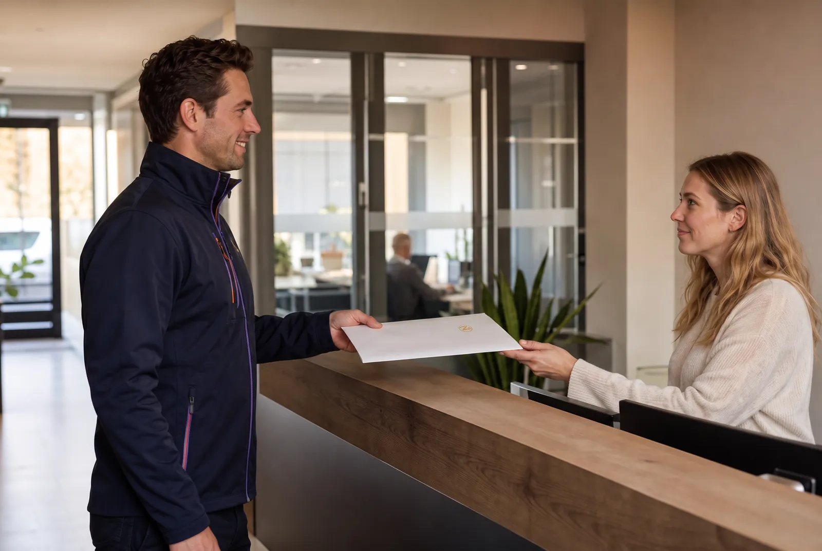 Koerier van Zentro overhandigt een envelop aan een medewerkster bij de receptie van een kantoor