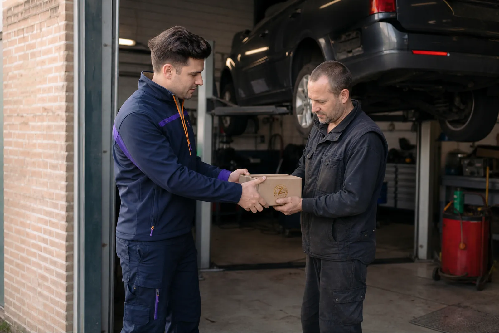 Koerier van Zentro overhandigt een pakket aan een monteur bij de geopende werkplaats van een autogarage